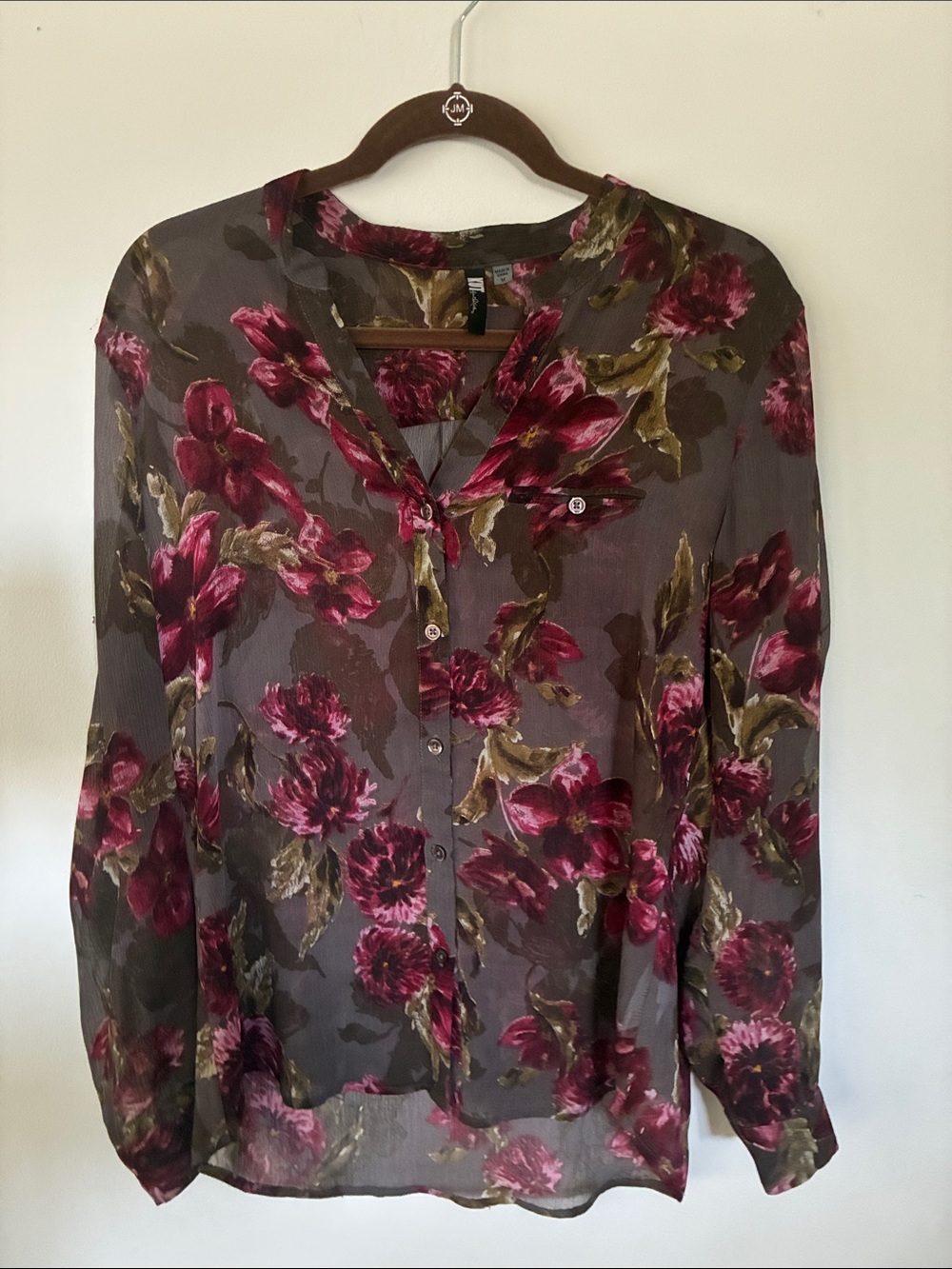 Kut from the Kloth Sheer Floral Button-Up Blouse in Burgundy & Olive